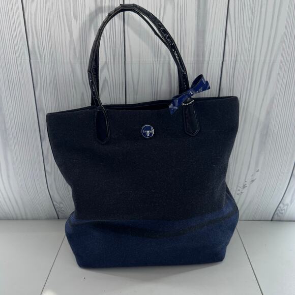 Vintage Y2K Coach 24665 Stripe North South Tote Bag Navy Blue & Black Preppy - Picture 1 of 10